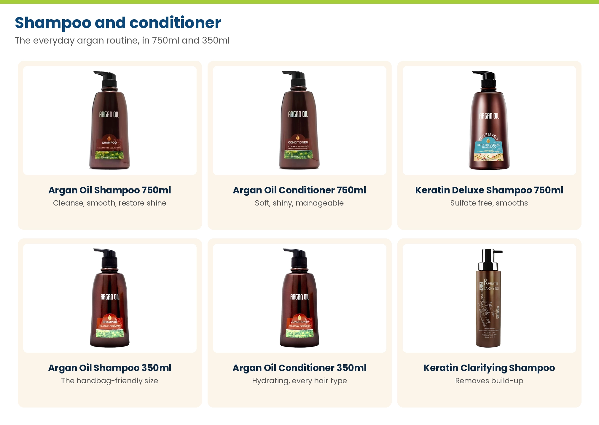 Argan oil shampoo and conditioner: Argan Oil Shampoo and Conditioner 750ml and 350ml, Keratin Deluxe Sulfate Free Shampoo 750ml and Keratin Clarifying Shampoo
