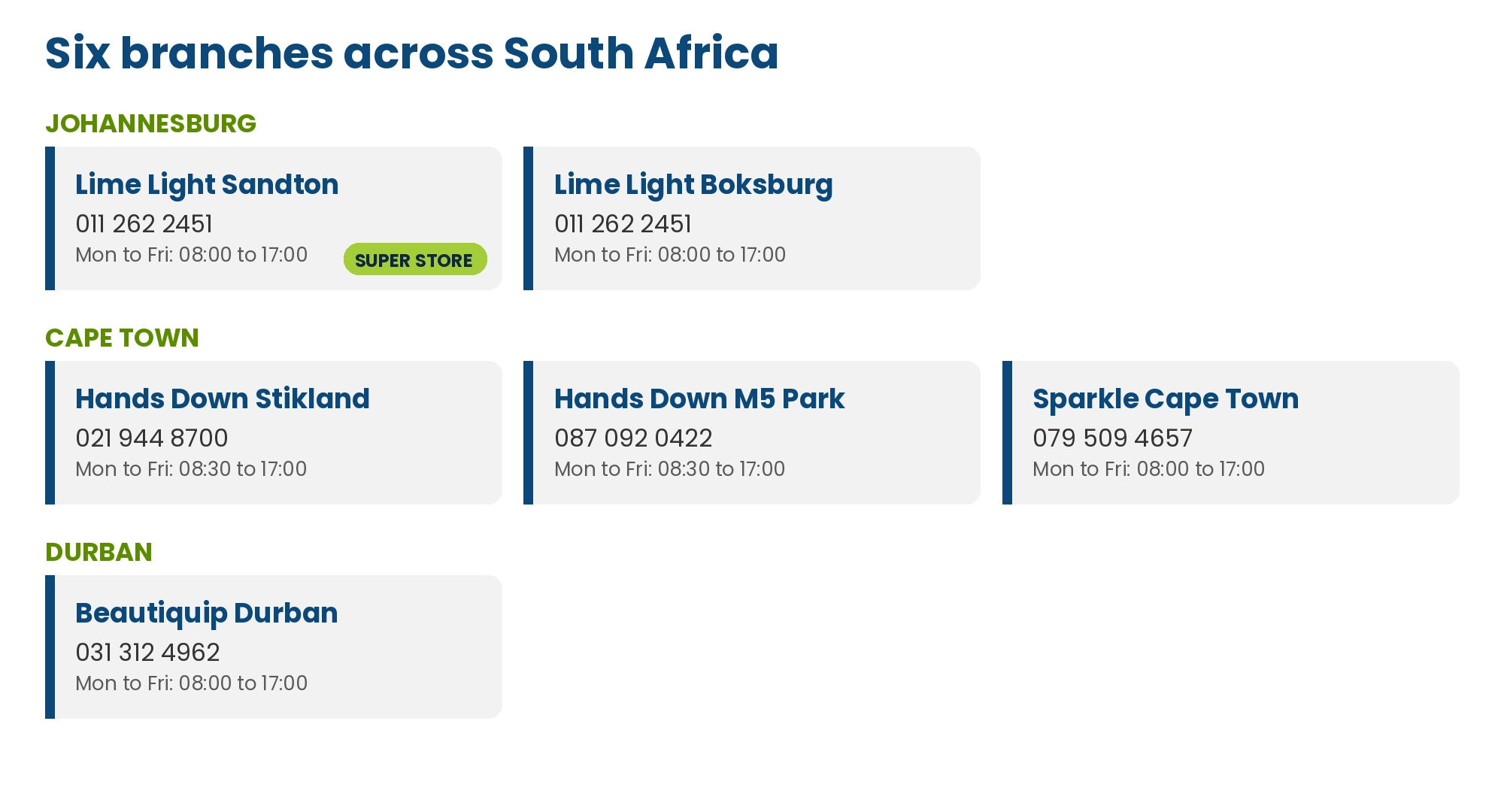 Lime Light branch network: Sandton Super Store and Boksburg in Johannesburg, Hands Down Stikland, Hands Down M5 Park and Sparkle in Cape Town, and Beautiquip in Durban