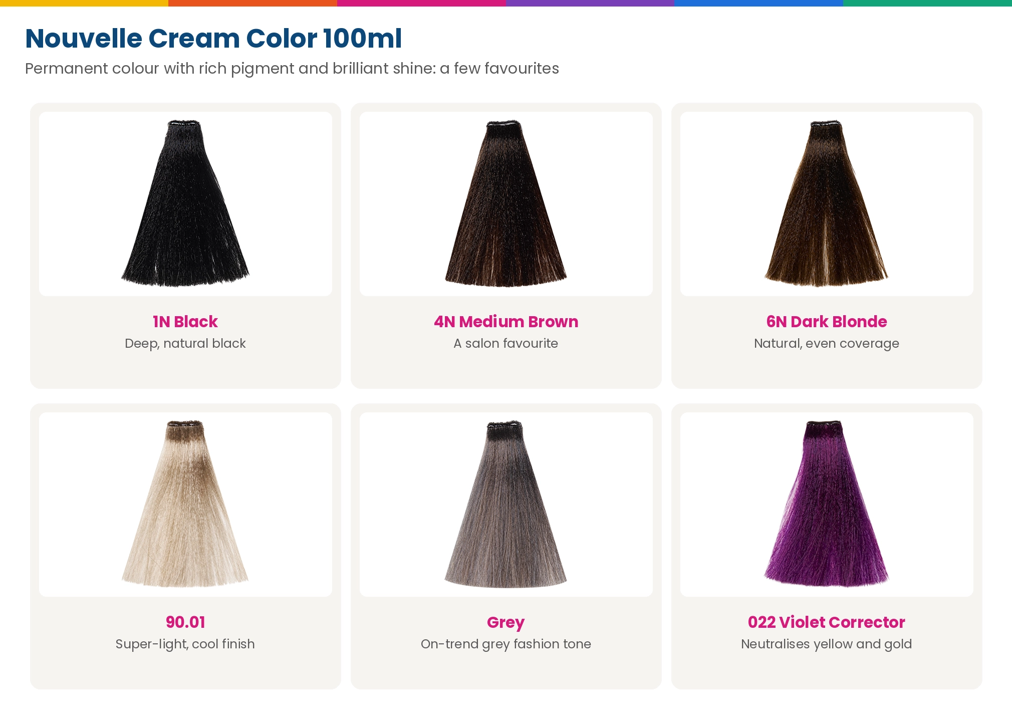 Nouvelle Cream Color 100ml shades: 1N Black, 4N Medium Brown, 6N Dark Blonde, 90.01, Grey and 022 Violet Corrector