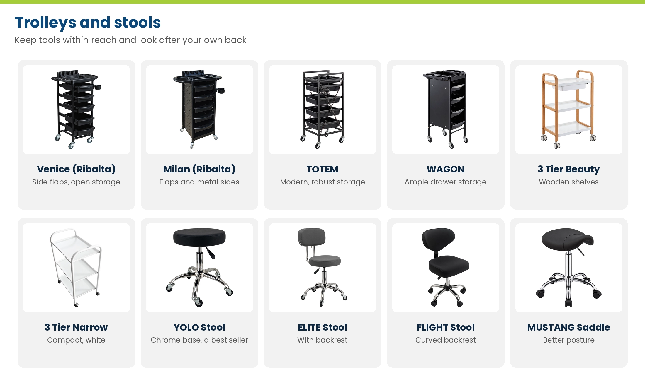 Lime Light trolleys and stools: Venice and Milan by Ribalta, TOTEM, WAGON, 3 Tier Beauty, 3 Tier Narrow, YOLO, ELITE, FLIGHT and MUSTANG saddle stool