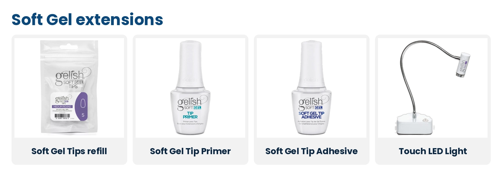 Gelish Soft Gel Tips refill, Soft Gel Tip Primer, Soft Gel Tip Adhesive and Touch LED light