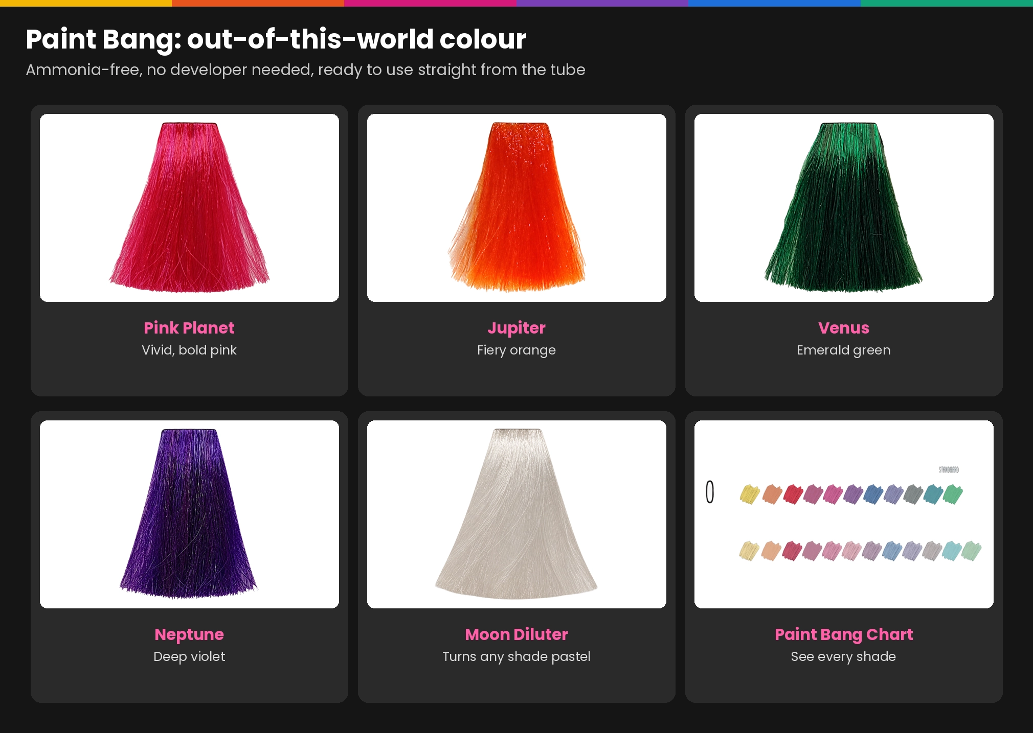 Nouvelle Paint Bang 75ml: Pink Planet, Jupiter, Venus, Neptune, Moon Diluter and the Paint Bang colour chart