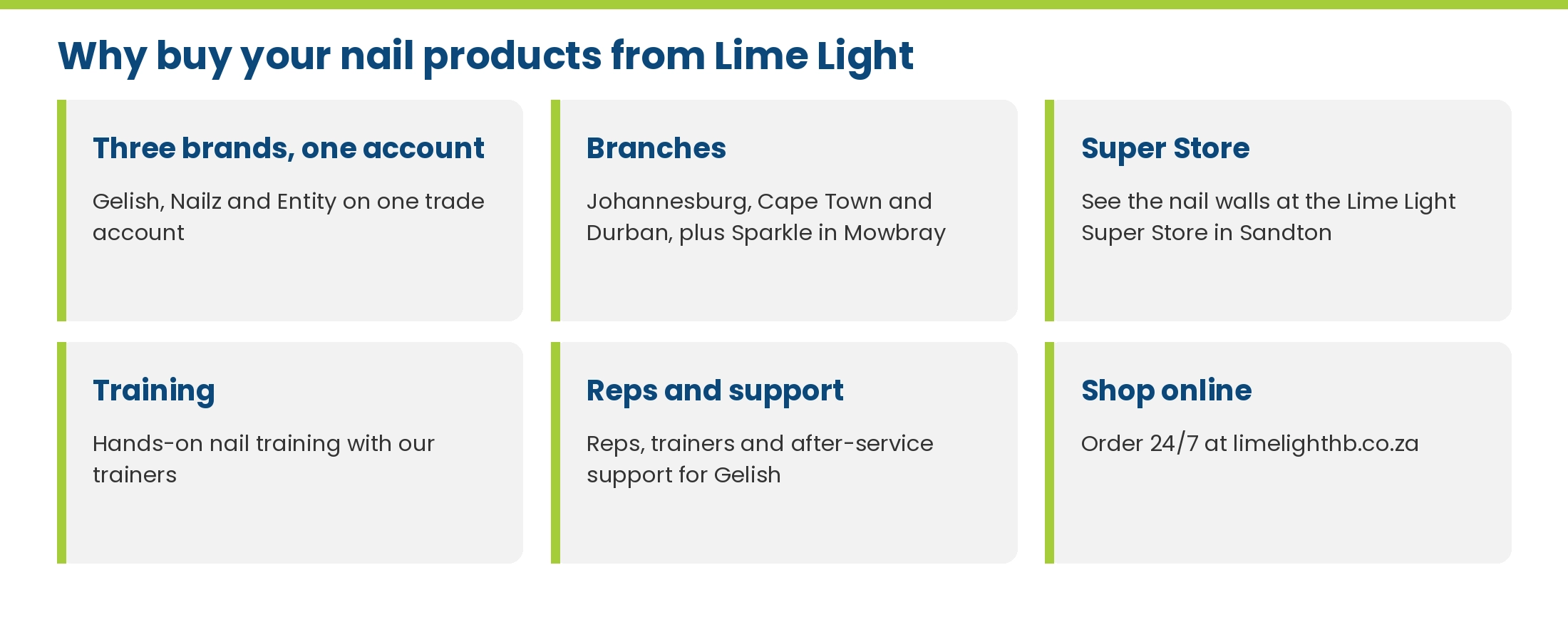 Why buy nail products from Lime Light: three brands on one account, branches in Johannesburg, Cape Town and Durban plus Sparkle in Mowbray, the Super Store in Sandton, training, reps and support, and online ordering