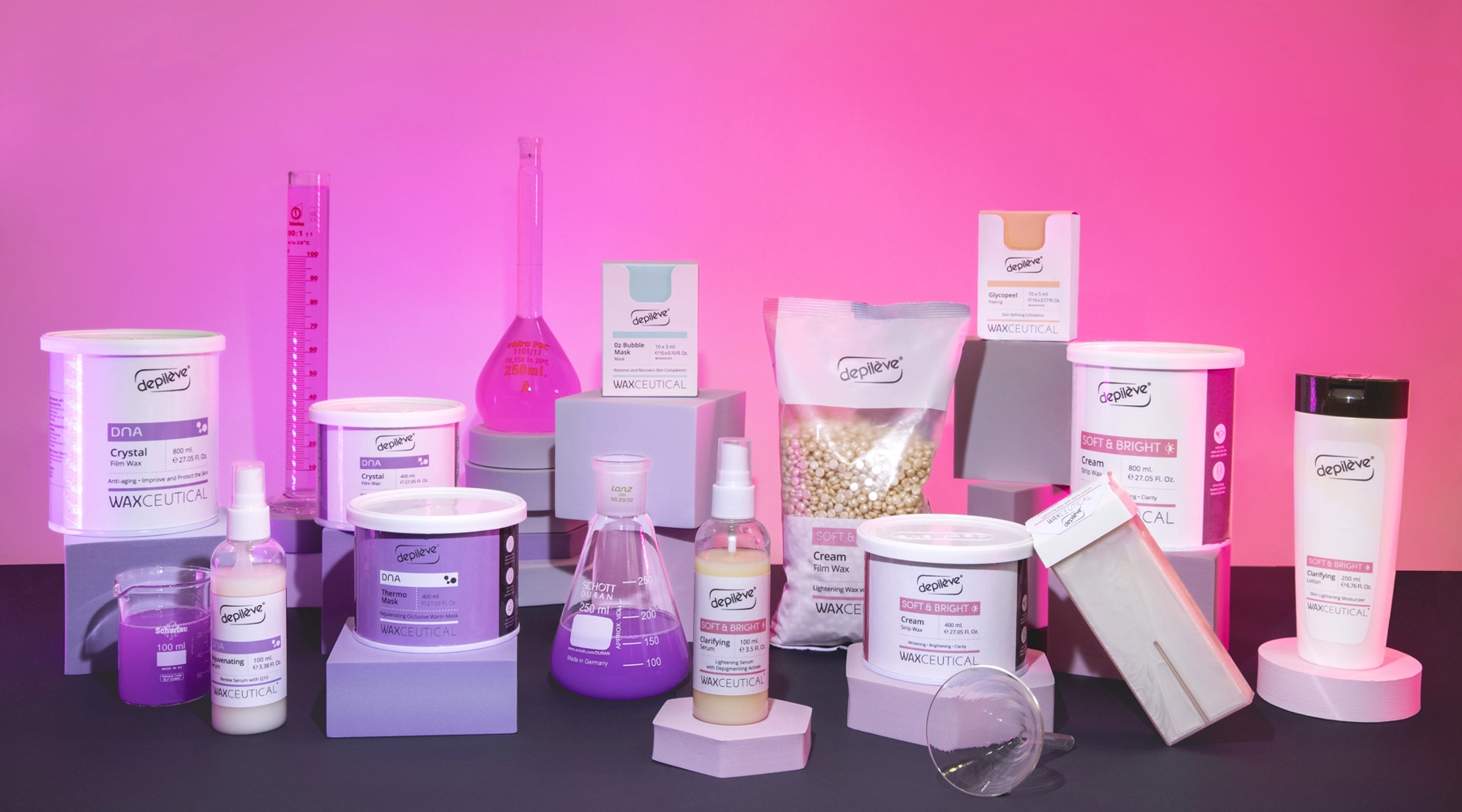 The Depilève Waxceutical range: DNA Crystal film wax, DNA thermo mask, Soft and Bright film wax, cartridge and clarifying serum