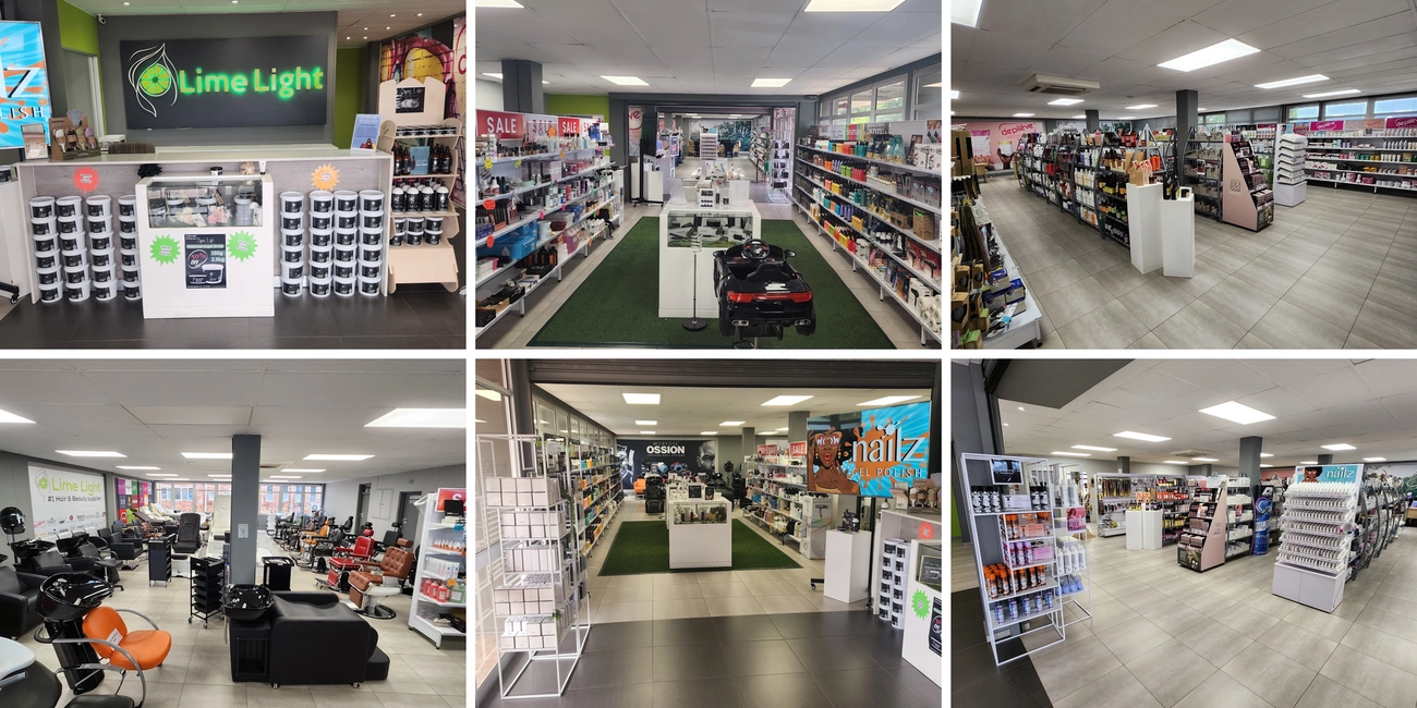 Inside the Lime Light Super Store in Sandton: reception, aisles of hair and beauty products, salon furniture showroom and barber section