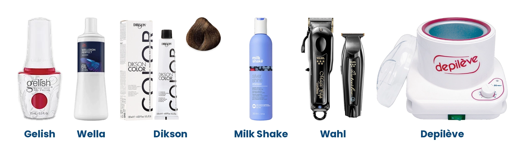 Brands available at Hands Down Stikland: Gelish, Wella, Dikson, Milk Shake, Wahl and Depilève