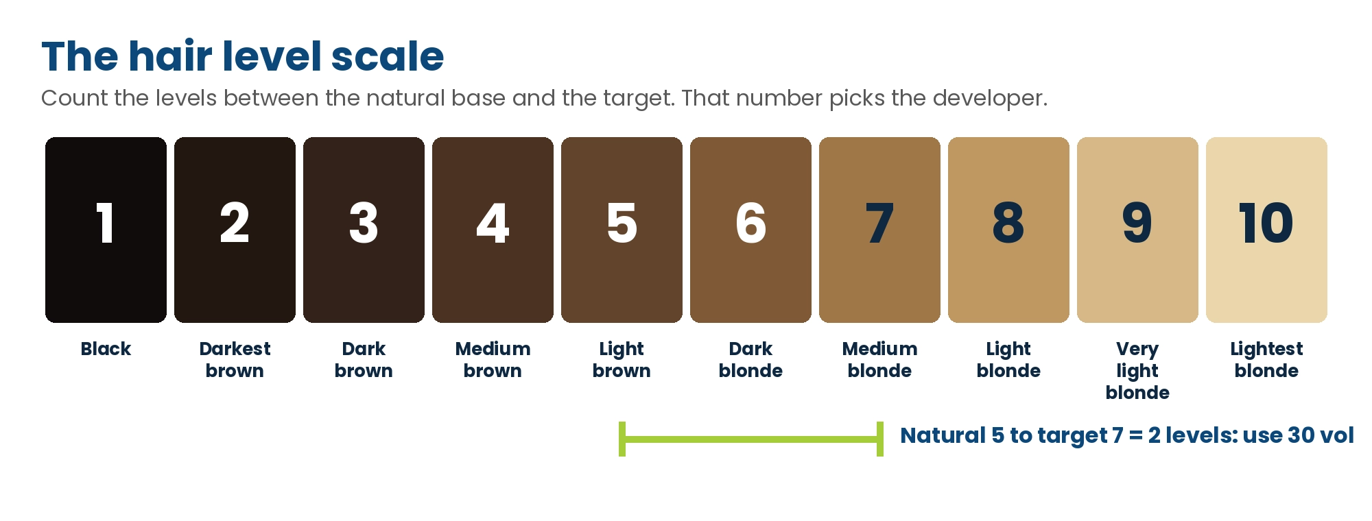 Hair level scale from 1 black to 10 lightest blonde, with an example of lifting from level 5 to level 7