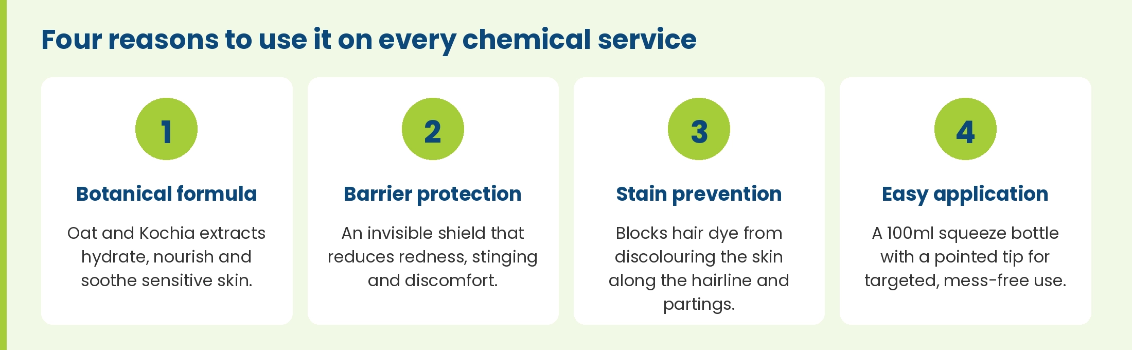 Four benefits of NUSPA Scalp Insulator: botanical formula with oat and Kochia, barrier protection, stain prevention and easy application