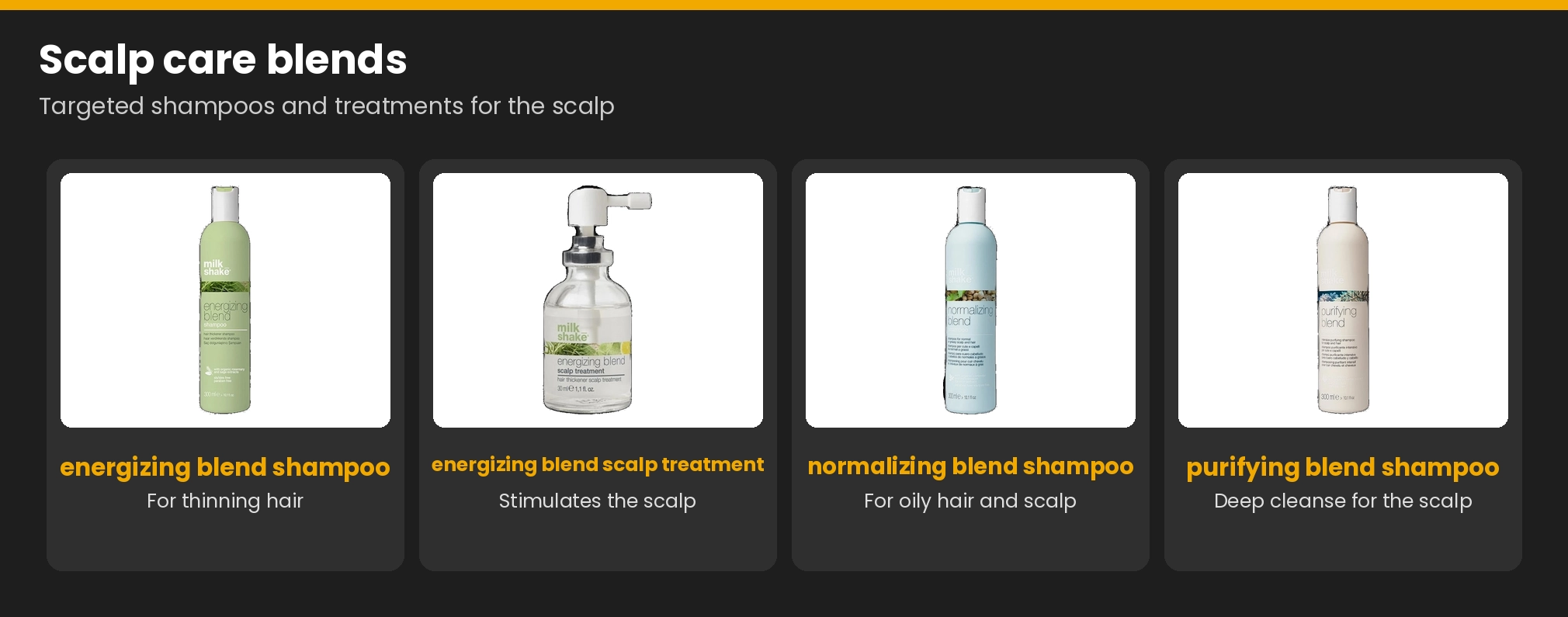 milk_shake scalp care: energizing blend shampoo and scalp treatment, normalizing blend shampoo and purifying blend shampoo