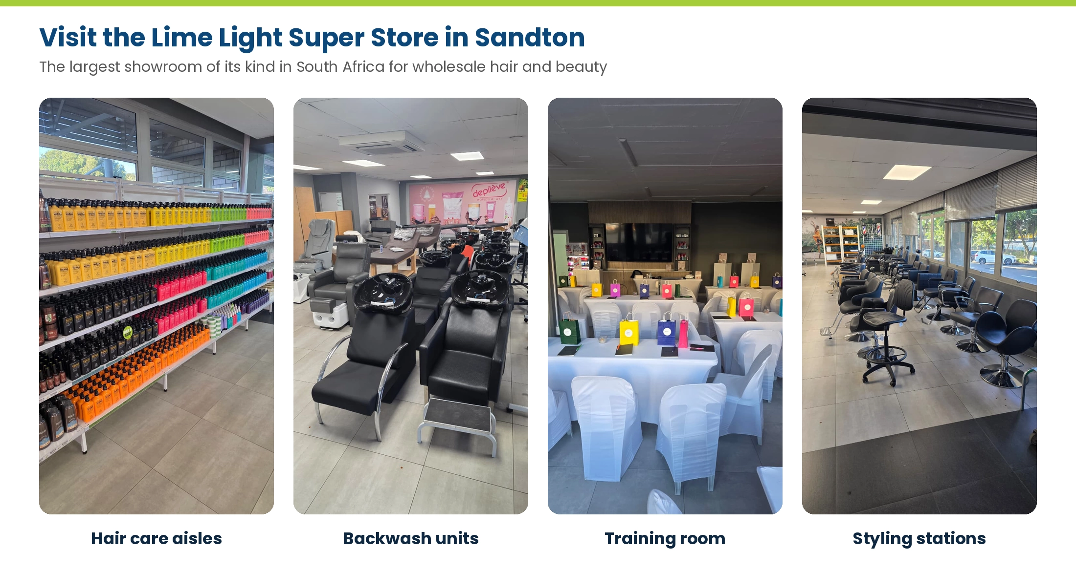 Inside the Lime Light Super Store in Sandton: hair care aisles, backwash units, the training room and styling stations