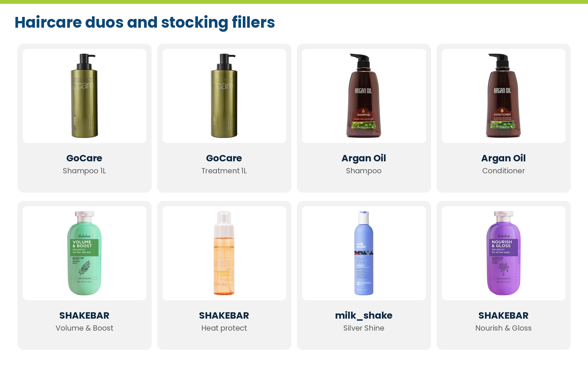 Haircare gift ideas at Lime Light: GoCare shampoo and treatment, Argan Oil shampoo and conditioner, SHAKEBAR Volume and Boost, Heat Protect and Nourish and Gloss, and milk_shake Silver Shine