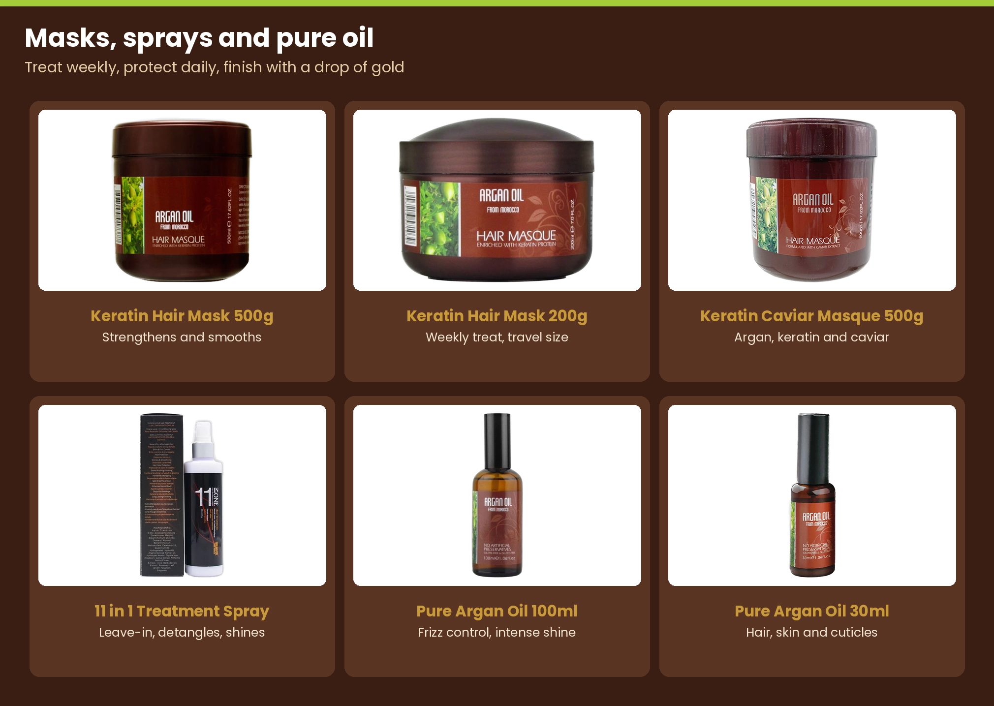 Argan oil masks, sprays and pure oil: Keratin Hair Mask 500g and 200g, Keratin Caviar Masque 500g, 11 in 1 Treatment Spray, Pure Argan Oil 100ml and 30ml