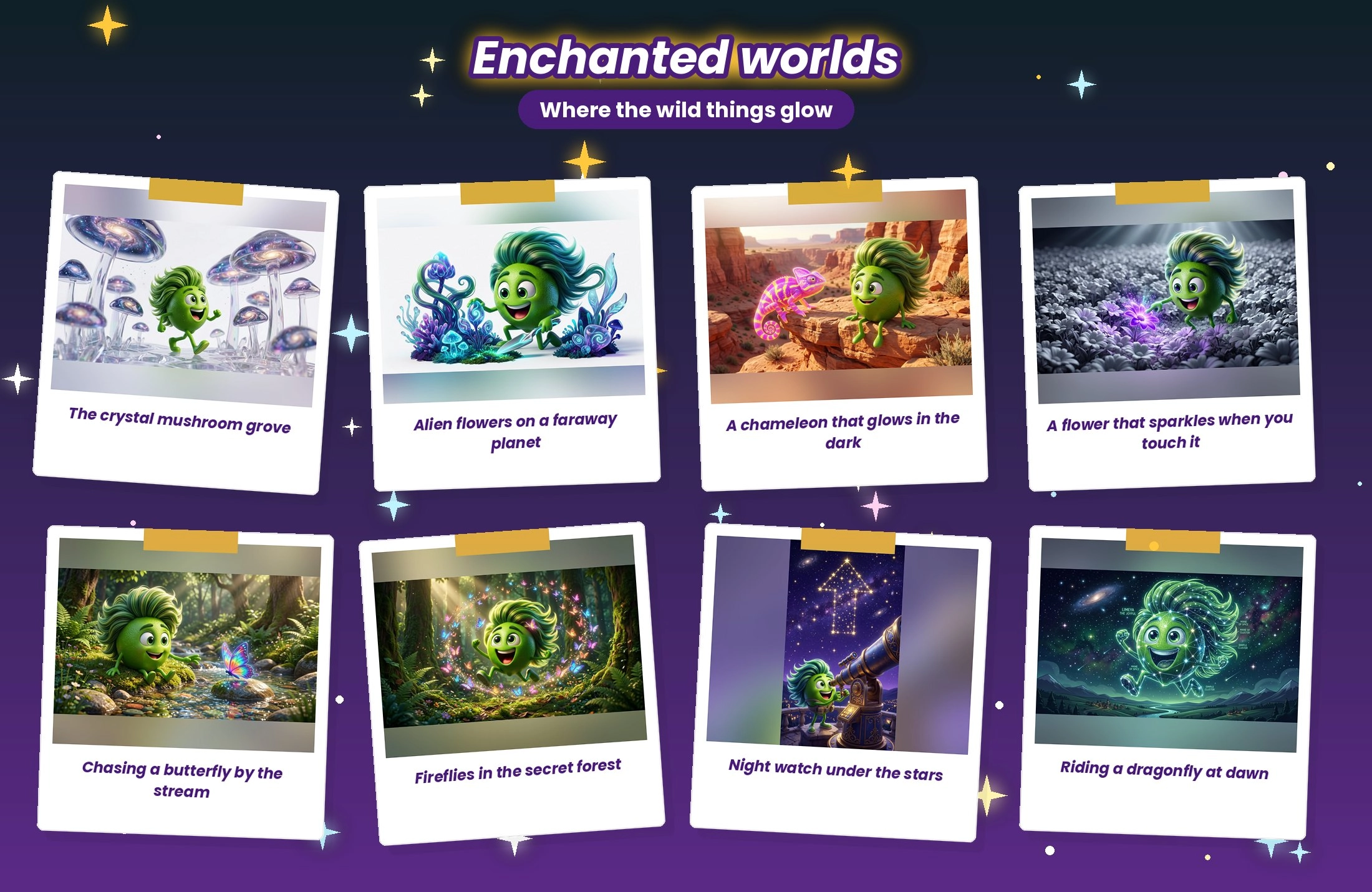 Enchanted worlds: a crystal mushroom grove, alien flowers, a glowing chameleon, a sparkling flower, a butterfly by the stream and fireflies in a secret forest