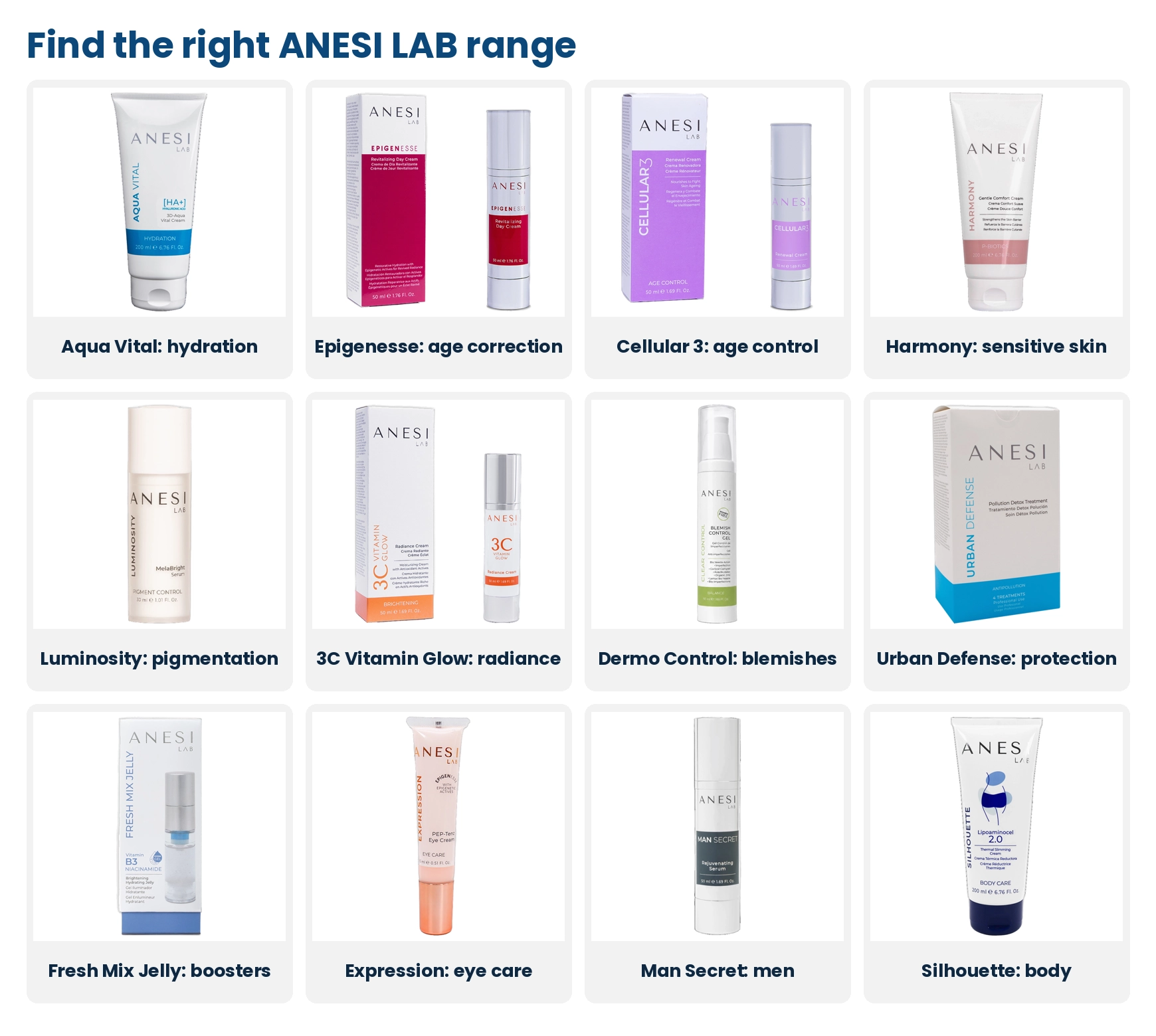 ANESI LAB ranges by skin concern: Aqua Vital hydration, Epigenesse age correction, Cellular 3 age control, Harmony sensitive skin, Luminosity pigmentation, 3C Vitamin Glow radiance, Dermo Control blemishes, Urban Defense protection, Fresh Mix Jelly boosters, Expression eye care, Man Secret and Silhouette body