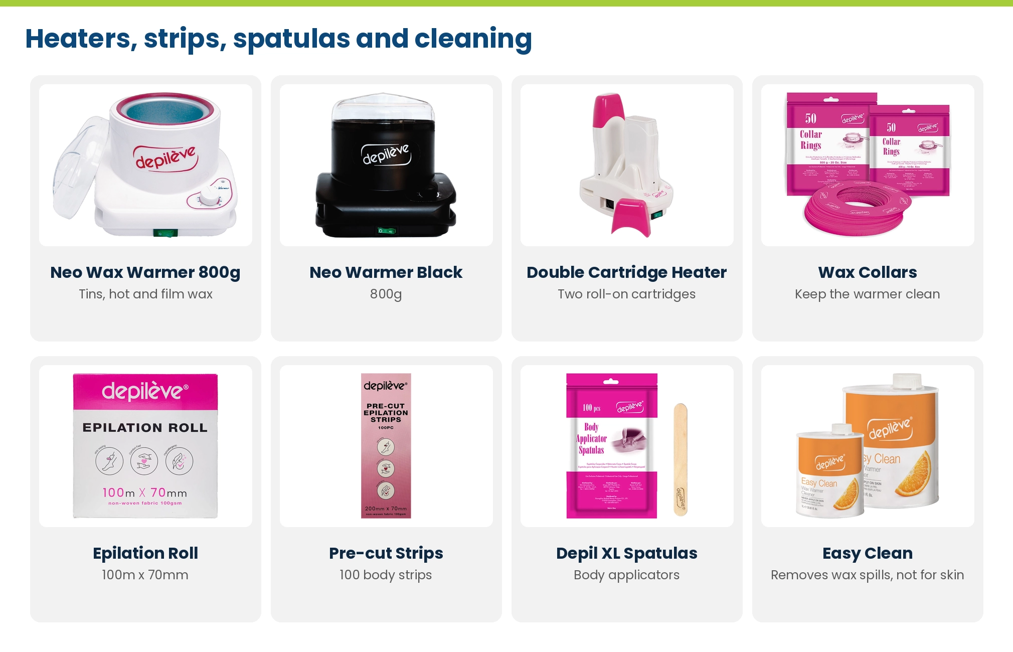 Depilève heaters and consumables at Lime Light: Neo wax warmer, black Neo warmer, double cartridge heater, wax collars, epilation roll, pre-cut strips, Depil XL spatulas and Easy Clean