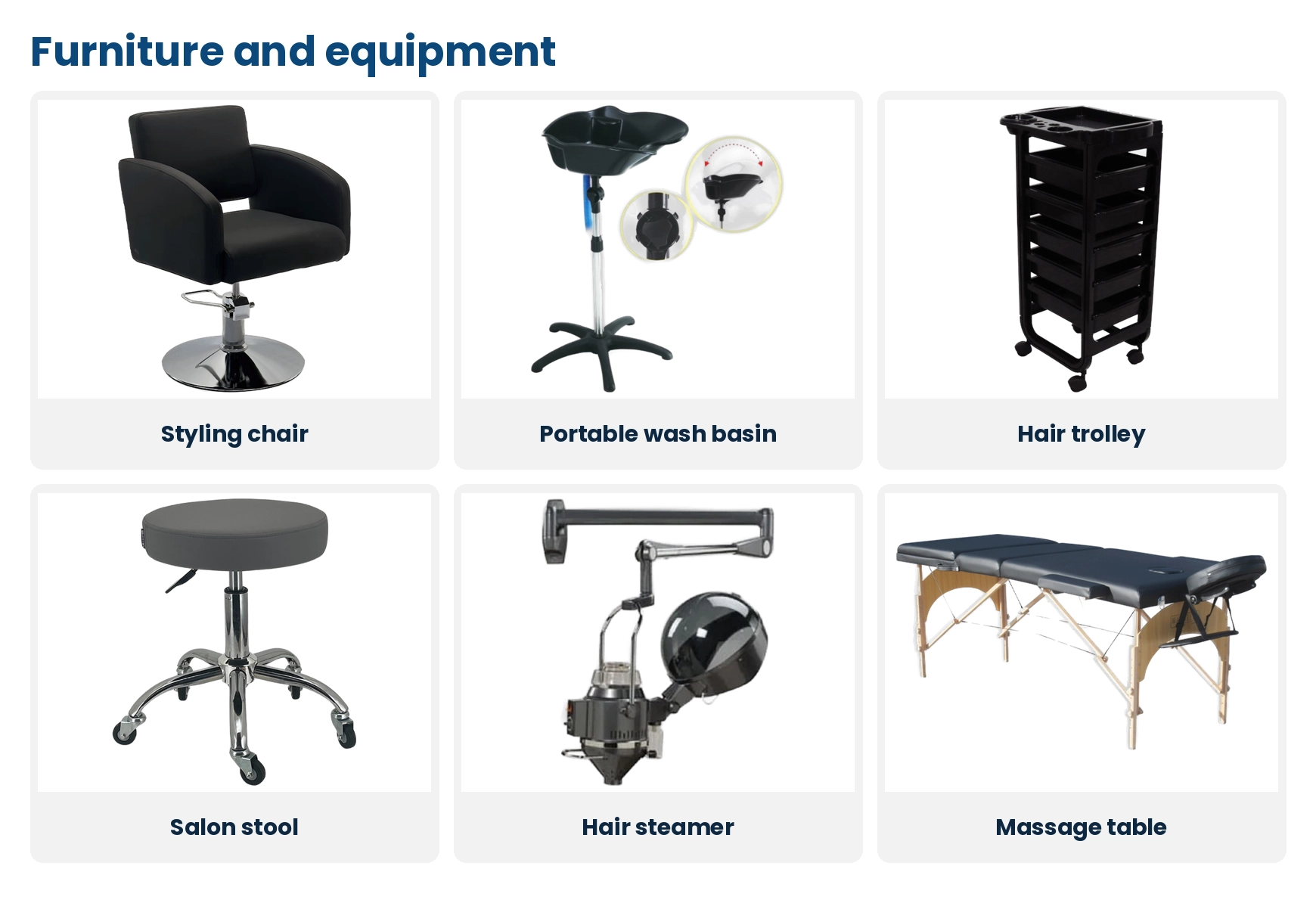 Salon furniture: Goose styling chair, Ribalta portable wash basin, Rome hair trolley, salon stool, Ribalta hair steamer and Marbella massage table