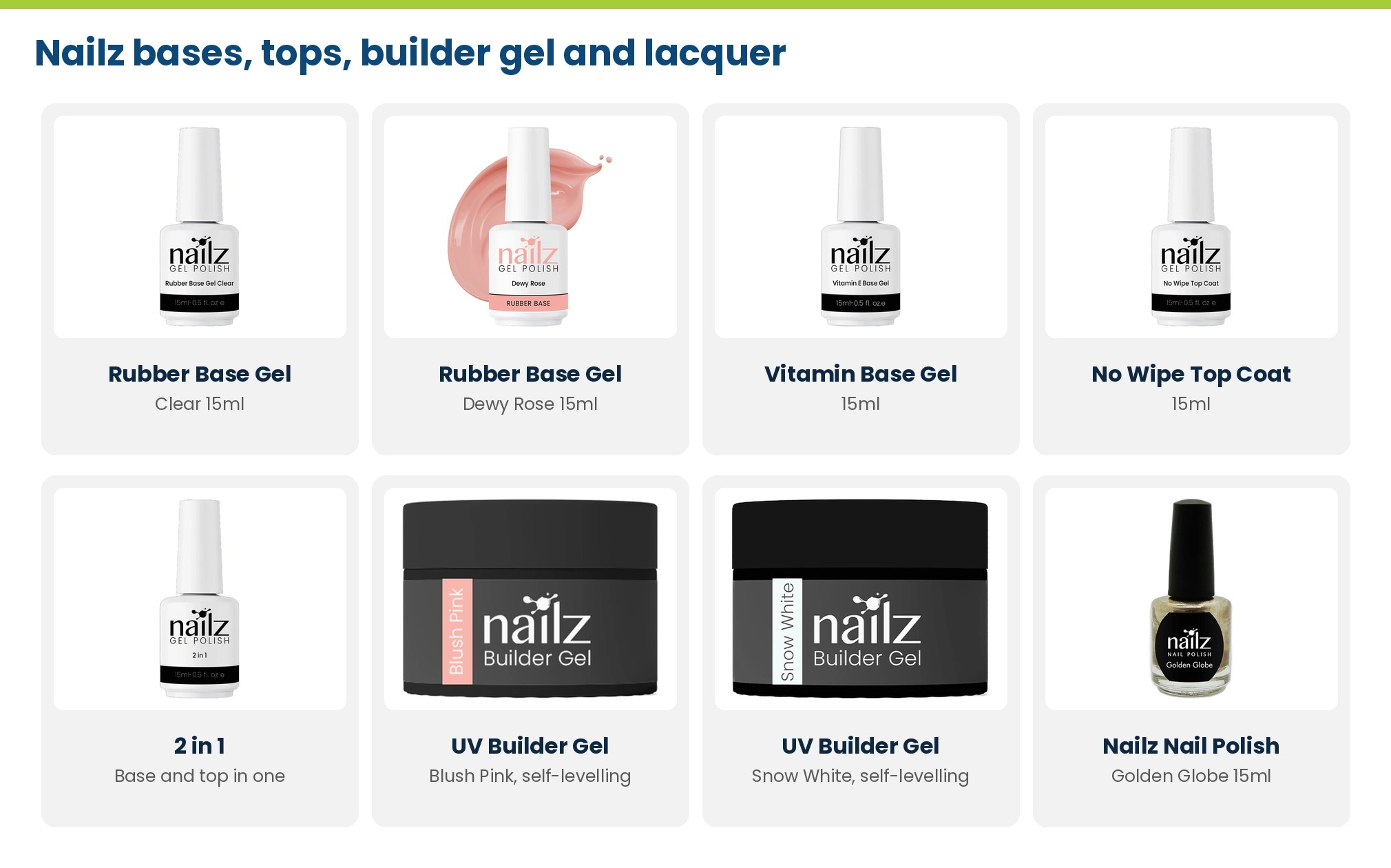 Nailz Rubber Base Gel Clear and Dewy Rose, Vitamin Base Gel, No Wipe Top Coat, 2 in 1, UV Builder Gel Blush Pink and Snow White, and Nailz nail polish Golden Globe