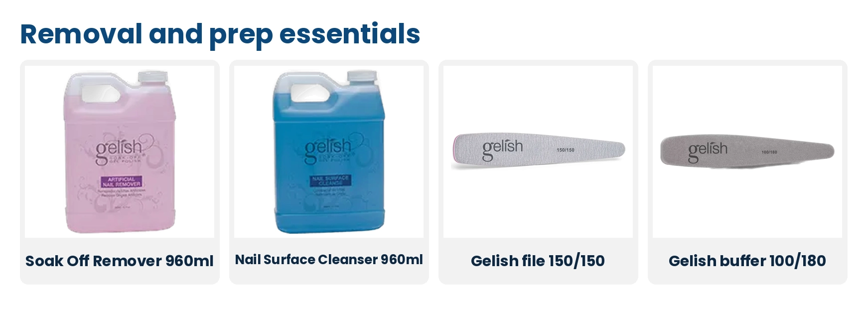 Gelish Soak Off Remover 960ml, Nail Surface Cleanser 960ml, Gelish file 150/150 and buffer 100/180