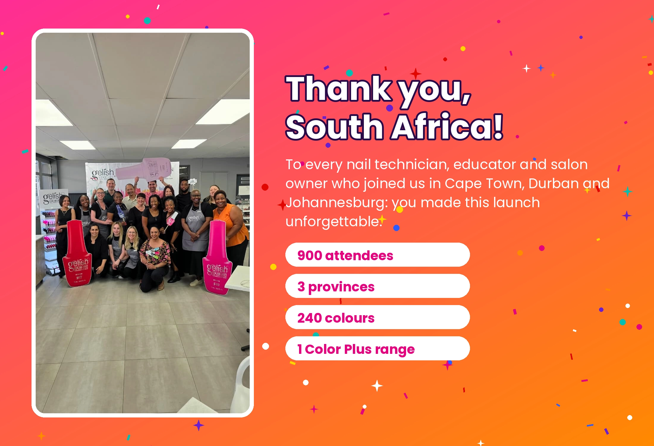 The Lime Light and Gelish team at the Color Plus launch, with giant Gelish Color Plus bottles: thank you, South Africa
