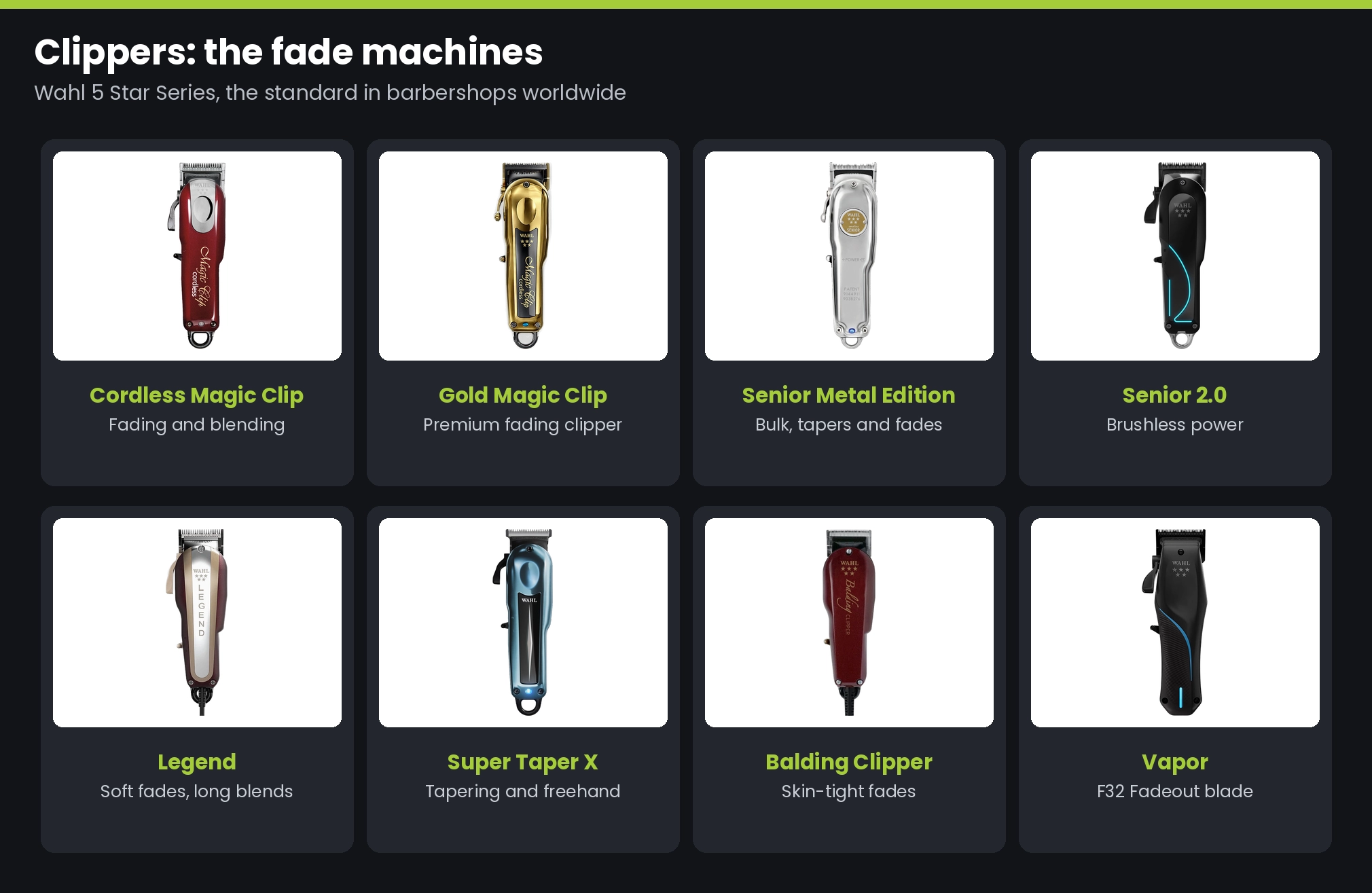 Wahl clippers at Lime Light: Cordless Magic Clip, Gold Magic Clip, Senior Metal Edition, Senior 2.0, Legend, Super Taper X, Balding Clipper and Vapor