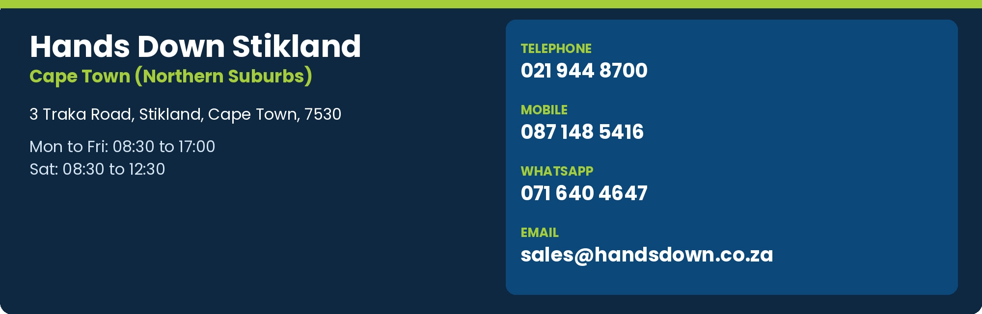 Hands Down Stikland address, opening hours, telephone, WhatsApp and email