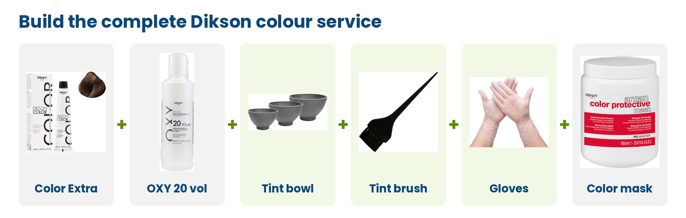 A complete Dikson colour service: Color Extra, OXY 20 vol, tint bowl, tint brush, gloves and colour protective mask