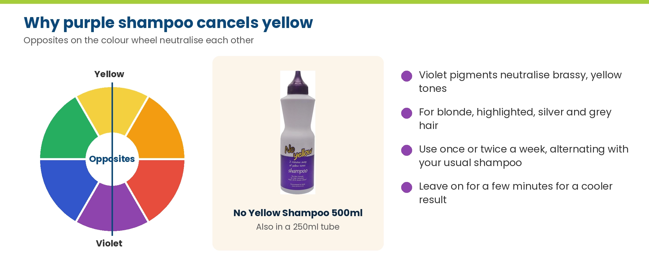 Why purple shampoo cancels yellow: the colour wheel and Argan Oil No Yellow Shampoo 500ml