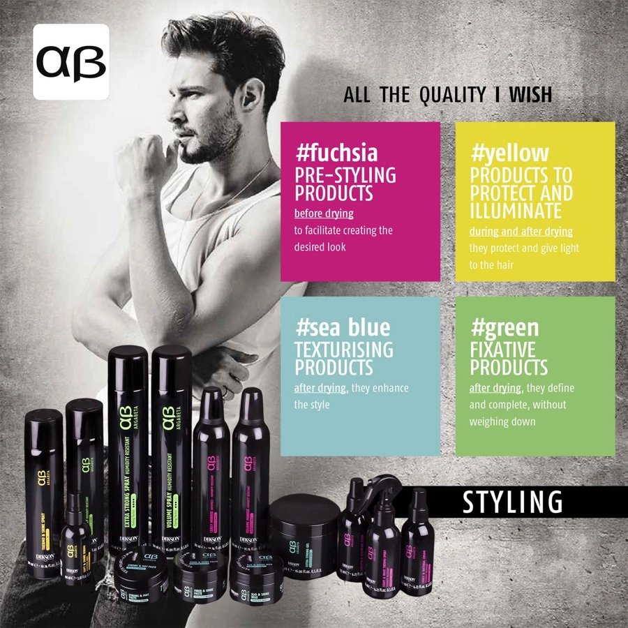 Dikson Argabeta Styling range with the four colour-coded product families