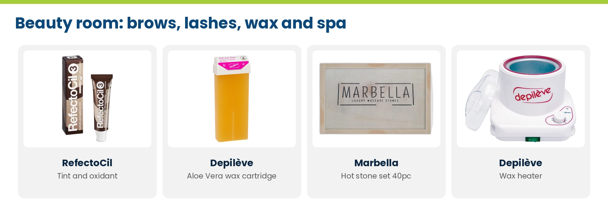 Beauty room festive stock at Lime Light: RefectoCil tint, Depileve Aloe Vera wax cartridge, Marbella hot stone set and Depileve wax heater