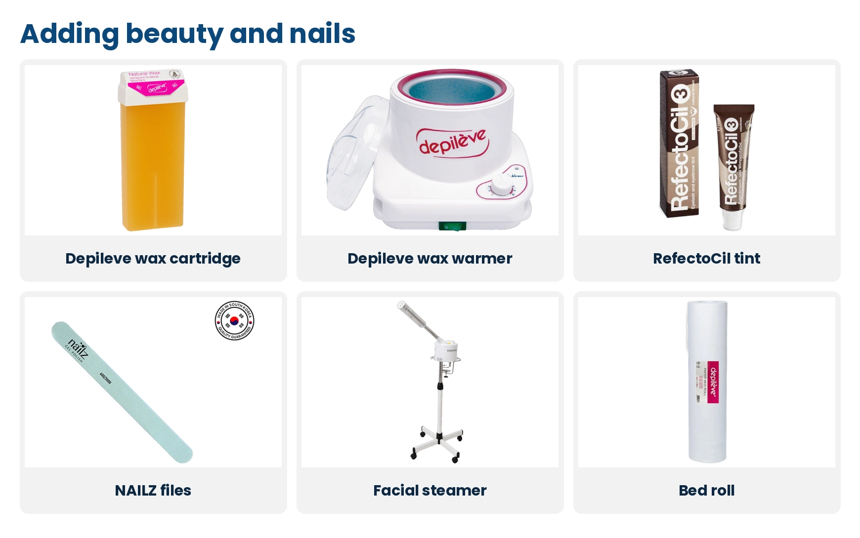 Beauty starter products: Depileve wax cartridge and warmer, RefectoCil lash tint, NAILZ files, Ribalta facial steamer and paper bed roll
