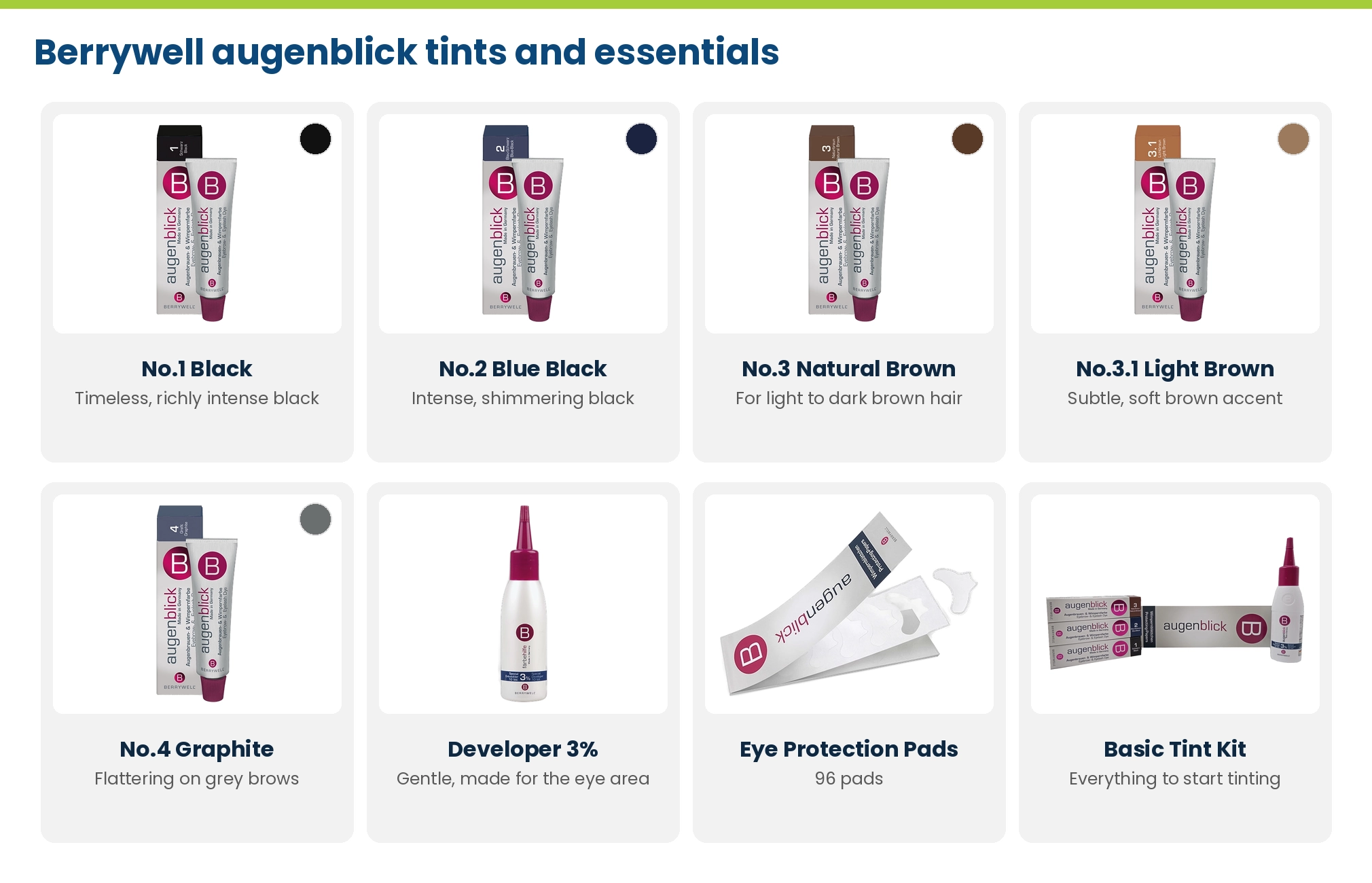 Berrywell augenblick at Lime Light: No.1 Black, No.2 Blue Black, No.3 Natural Brown, No.3.1 Light Brown, No.4 Graphite, Developer 3%, Eye Protection Pads and Basic Tint Kit