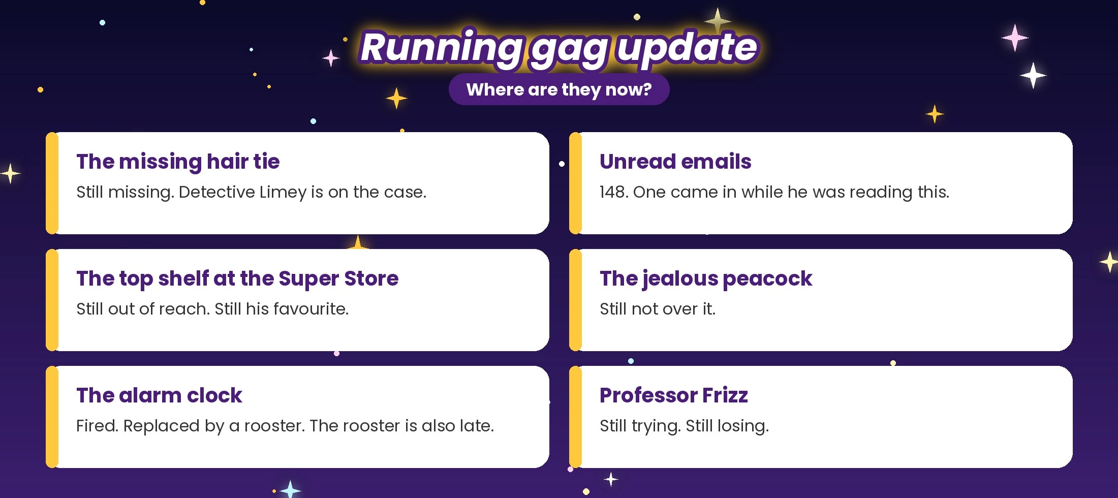 Running gag update: the missing hair tie, unread emails, the top shelf, the jealous peacock, the alarm clock and Professor Frizz