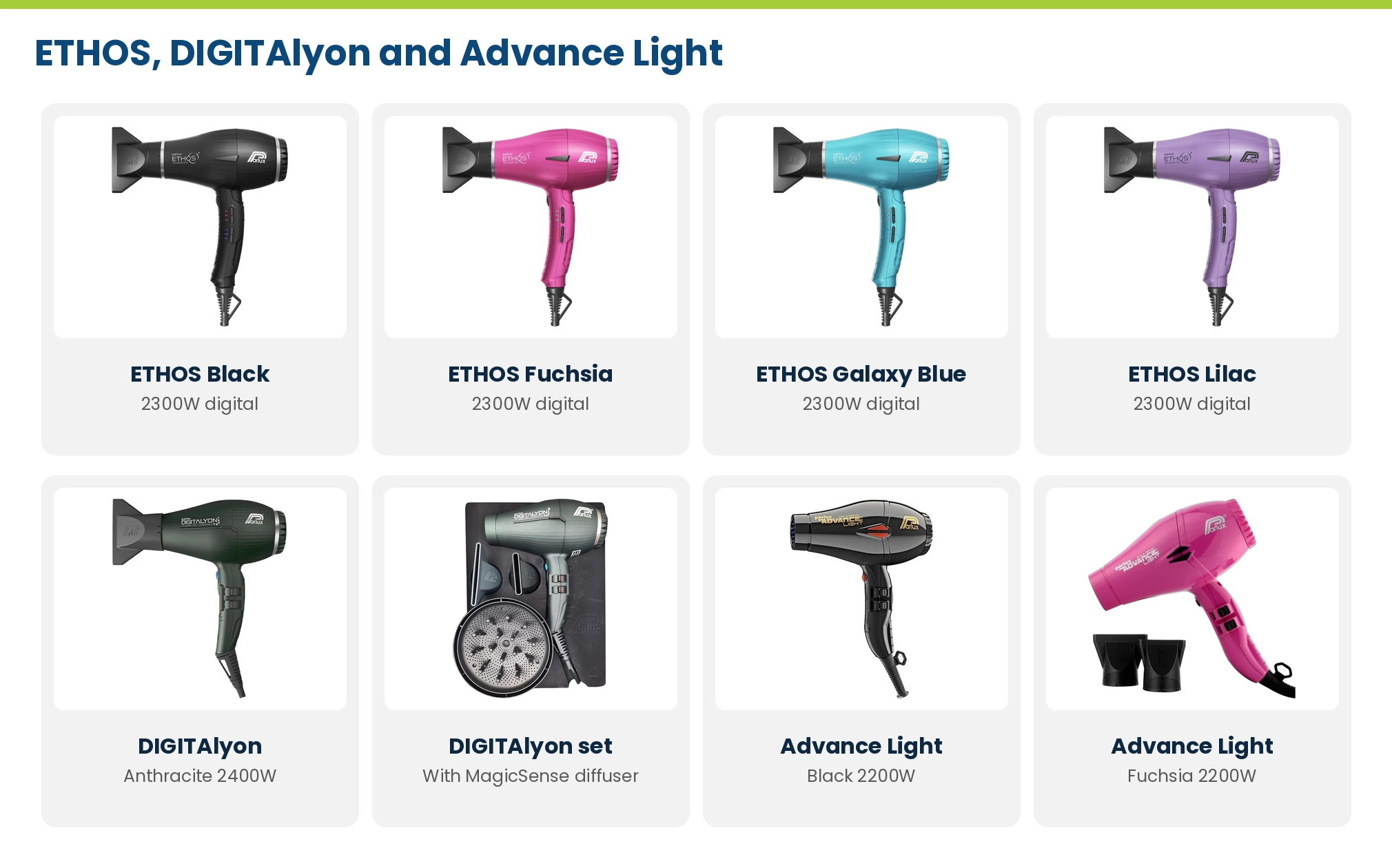 Parlux ETHOS in Black, Fuchsia, Galaxy Blue and Lilac, Parlux DIGITAlyon Anthracite and DIGITAlyon MagicSense diffuser set, and Parlux Advance Light in Black and Fuchsia