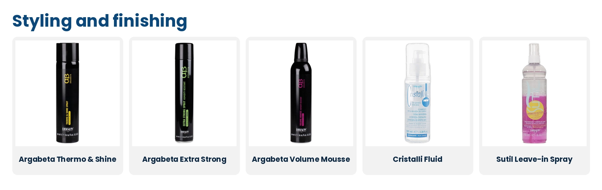 Dikson styling: Argabeta Thermo and Shine spray, Argabeta Extra Strong spray, Argabeta Volume Mousse, Cristalli Fluid and Sutil Leave-in spray
