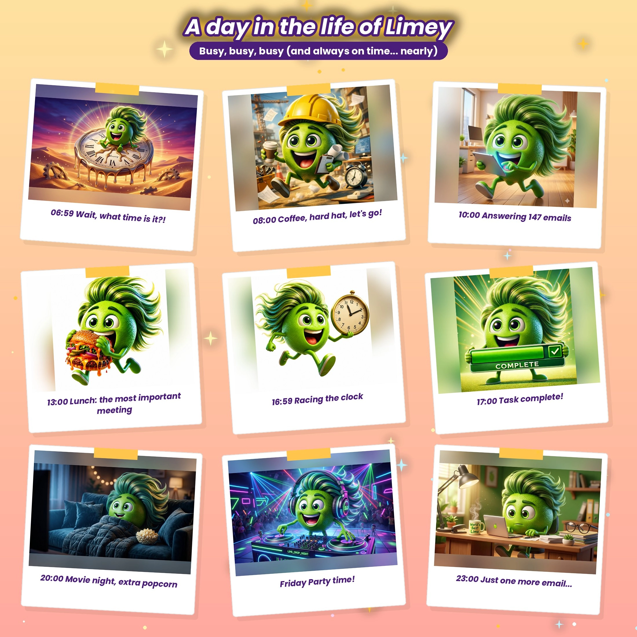 A day in the life of Limey: waking up late, coffee in a hard hat, answering emails, a giant burger for lunch, racing the clock, task complete, movie night and a Friday party