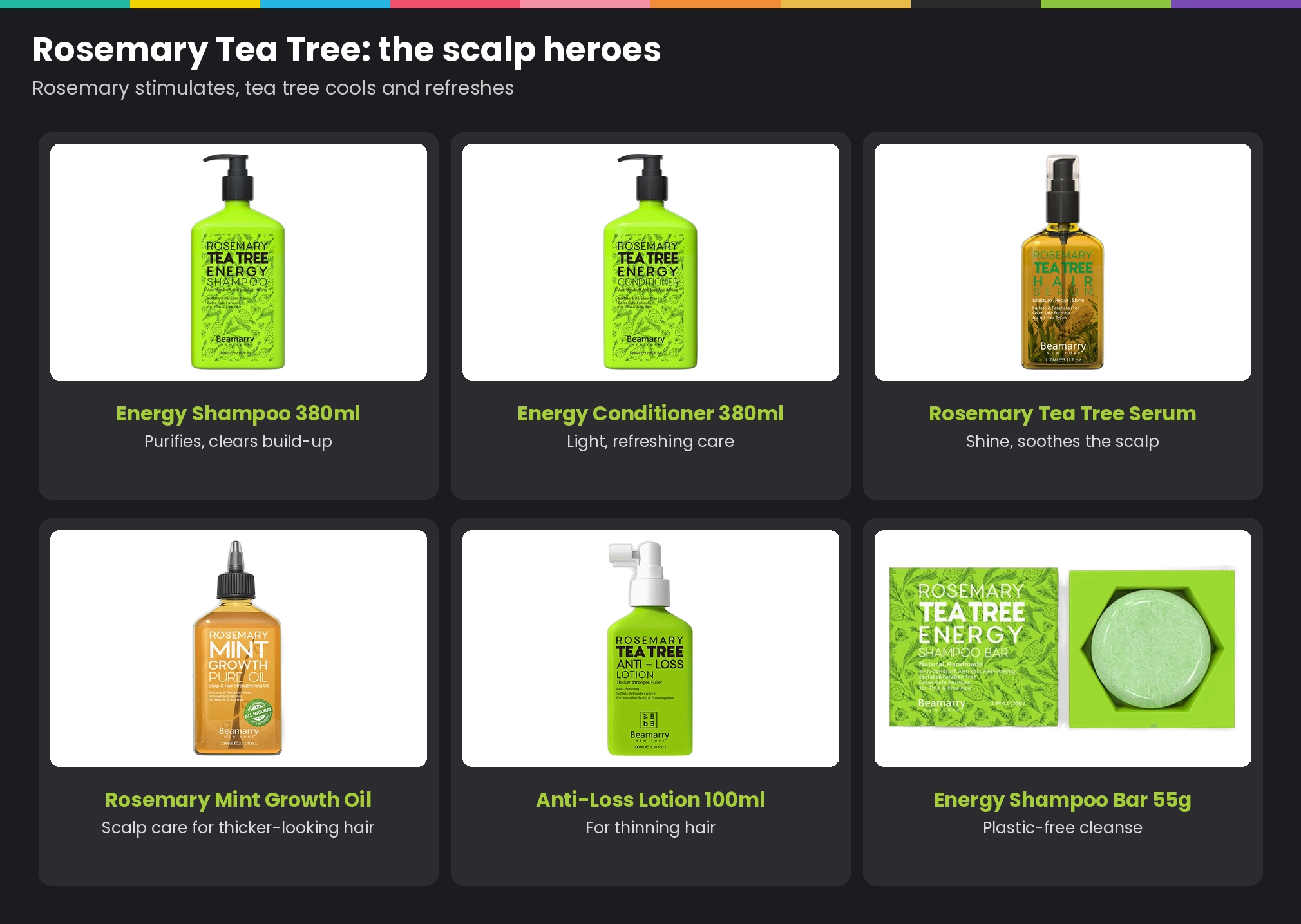 BEAMARRY Rosemary Tea Tree collection: Energy Shampoo and Conditioner, Rosemary Tea Tree Serum, Rosemary Mint Growth Pure Oil, Anti-Loss Lotion and Energy Shampoo Bar