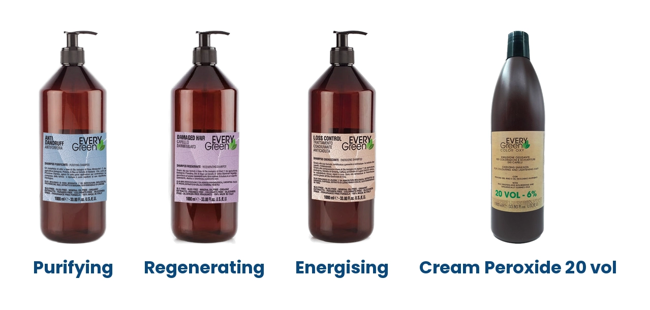 Dikson EVERYGreen Purifying, Regenerating and Energising shampoos and Cream Peroxide 20 vol