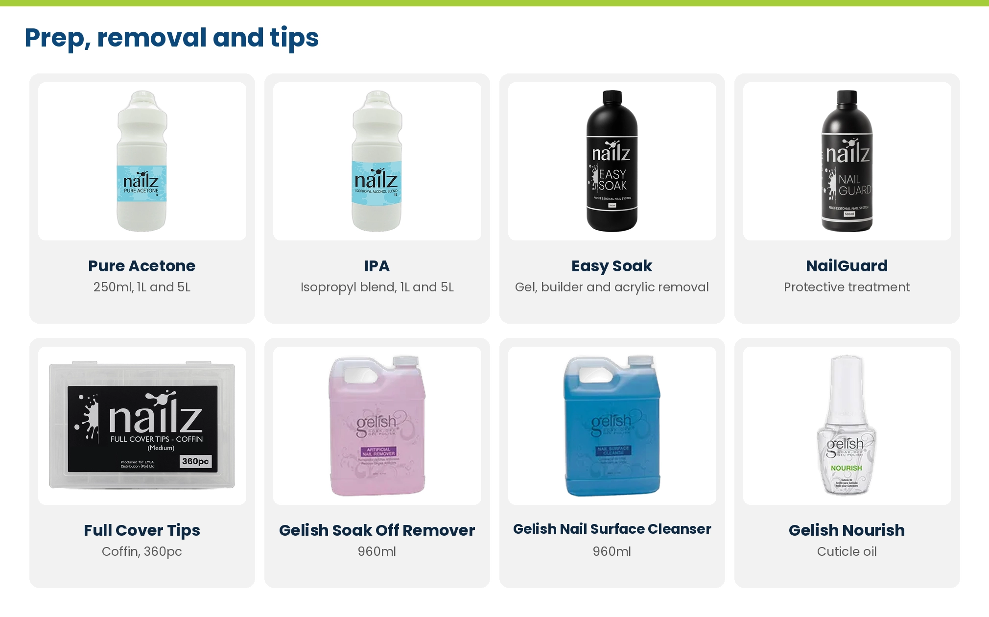 Nail prep and removal at Lime Light: Nailz Pure Acetone, IPA, Easy Soak and NailGuard, Nailz Full Cover Tips, Gelish Soak Off Remover, Gelish Nail Surface Cleanser and Gelish Nourish