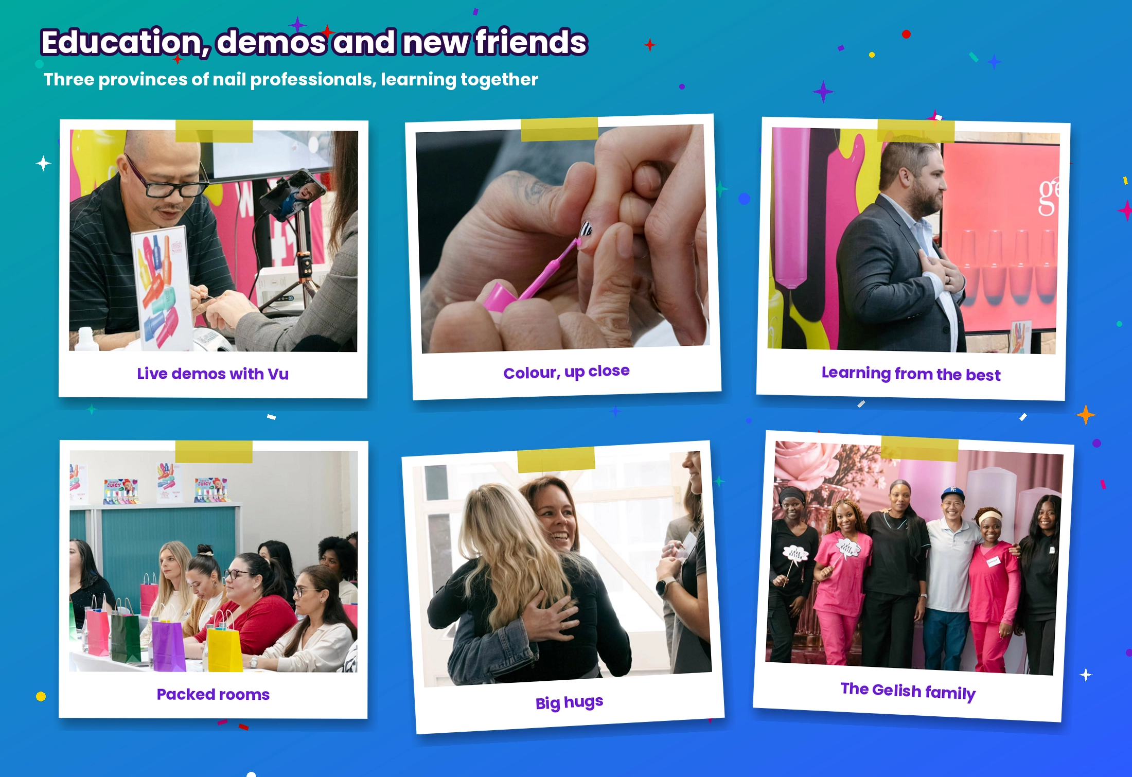 Gelish Roadshow education: live nail demos with Vu, colour application up close, presentations and packed rooms