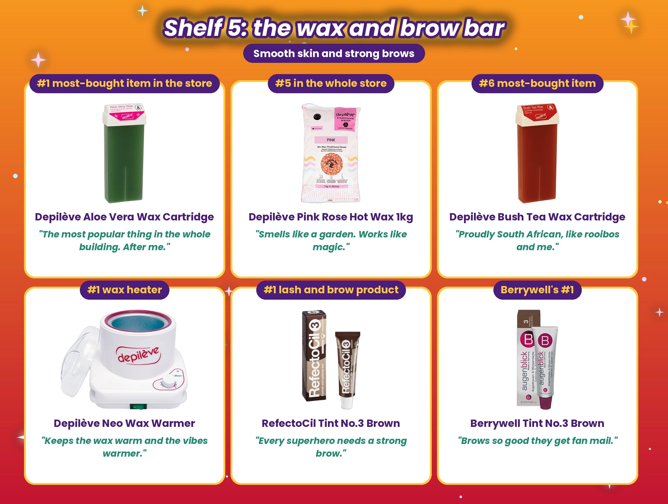 Limey's secret stash shelf 5, the wax and brow bar: Depilève Aloe Vera and Bush Tea wax cartridges, Pink Rose hot wax, Neo wax warmer, RefectoCil and Berrywell tint