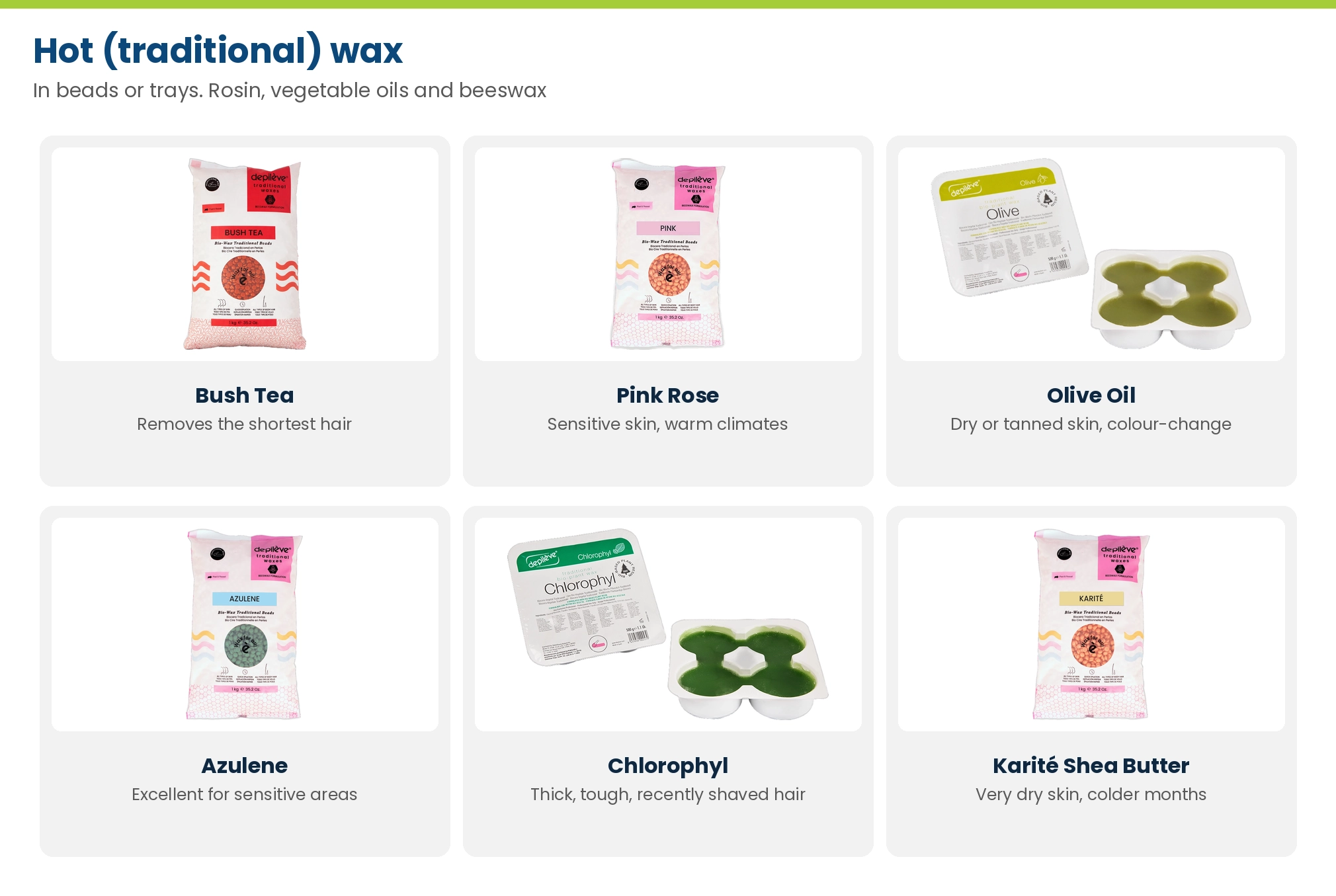 Depilève hot waxes: Bush Tea, Pink Rose, Olive Oil, Azulene, Chlorophyl and Karite Shea Butter