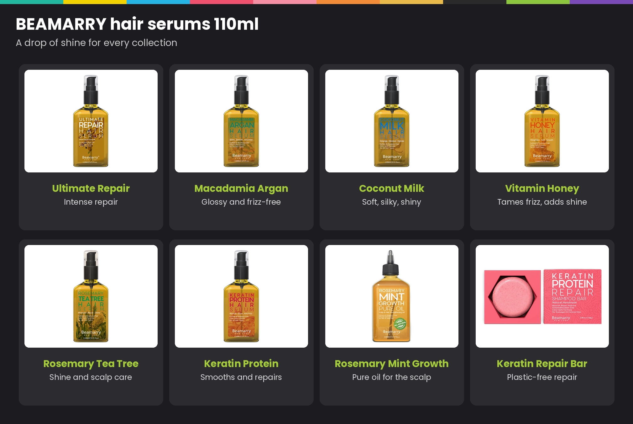 BEAMARRY 110ml hair serums: Ultimate Repair, Macadamia Argan, Coconut Milk, Vitamin Honey, Rosemary Tea Tree, Keratin Protein, Rosemary Mint Growth oil and the Keratin Repair Shampoo Bar