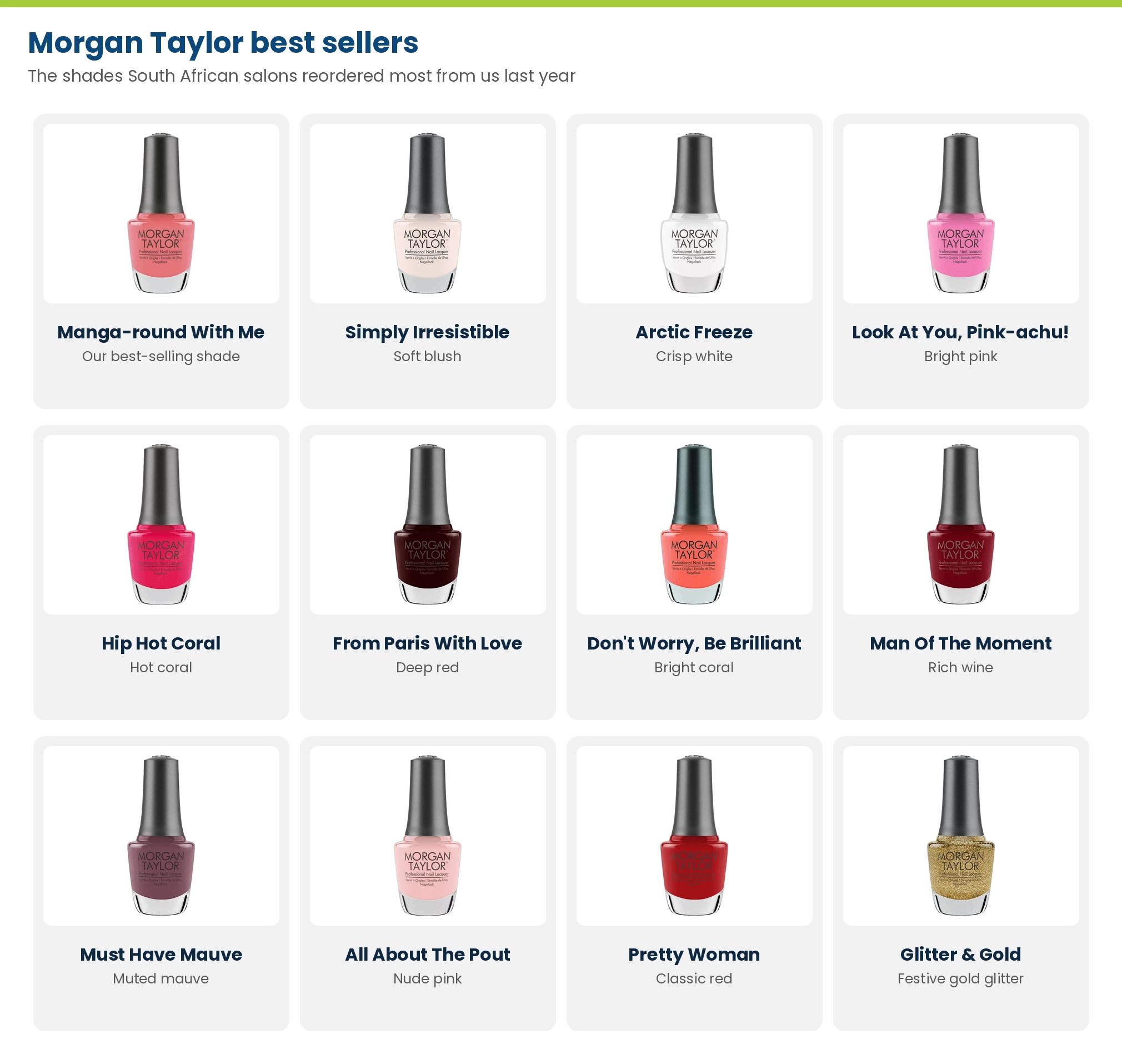 Best-selling Morgan Taylor shades at Lime Light: Manga-round With Me, Simply Irresistible, Arctic Freeze, Look At You Pink-achu, Hip Hot Coral, From Paris With Love, Don't Worry Be Brilliant, Man Of The Moment, Must Have Mauve, All About The Pout, Pretty Woman and Glitter & Gold