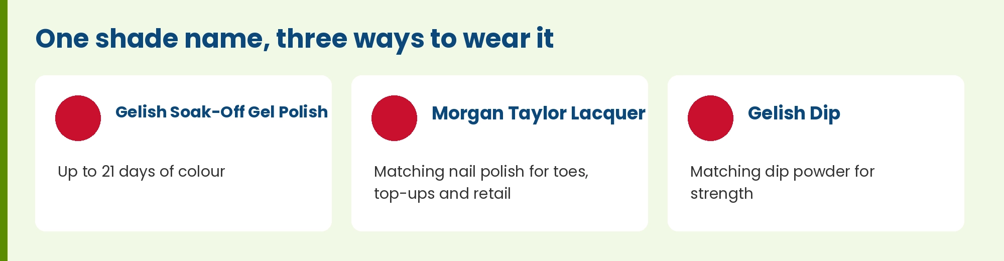 One shade name, three ways to wear it: Gelish gel polish, Morgan Taylor lacquer and Gelish Dip