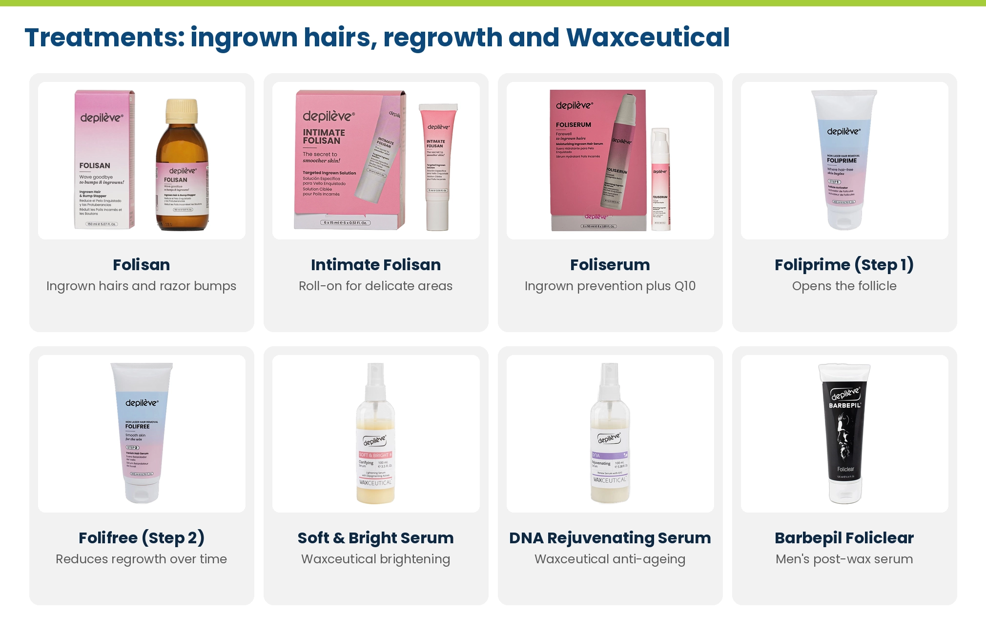 Depilève treatments: Folisan, Intimate Folisan, Foliserum, Foliprime and Folifree, Waxceutical Soft and Bright serum, DNA Rejuvenating serum and Barbepil Foliclear