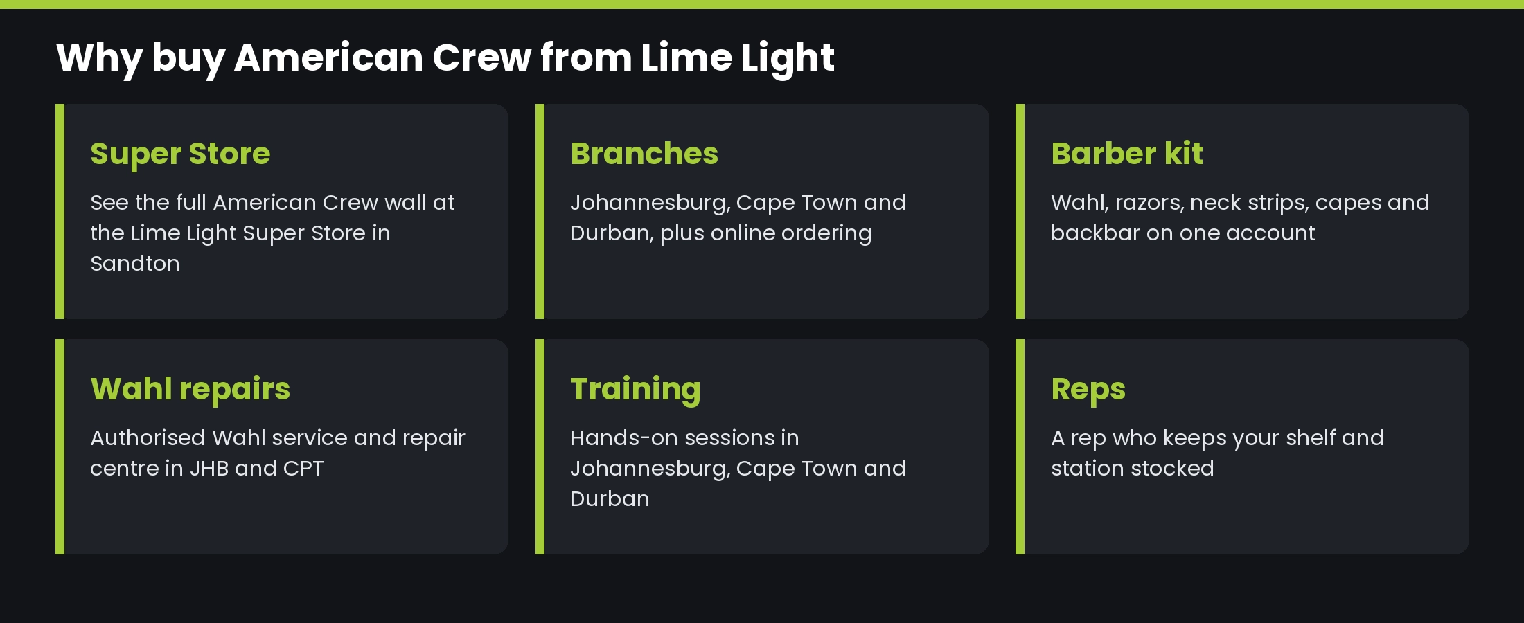 Why buy American Crew from Lime Light: Super Store, branches, full barber kit, Wahl repairs, training and reps