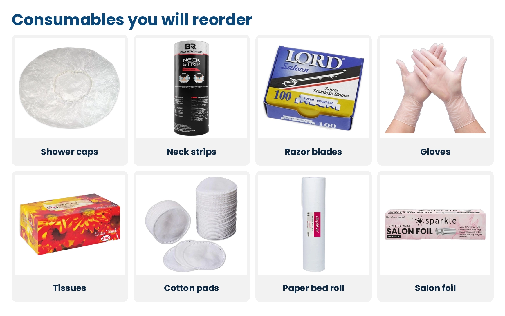 Salon consumables: disposable shower caps, BLACKRED neck strips, razor blades, gloves, tissues, cotton pads, paper bed roll and salon foil