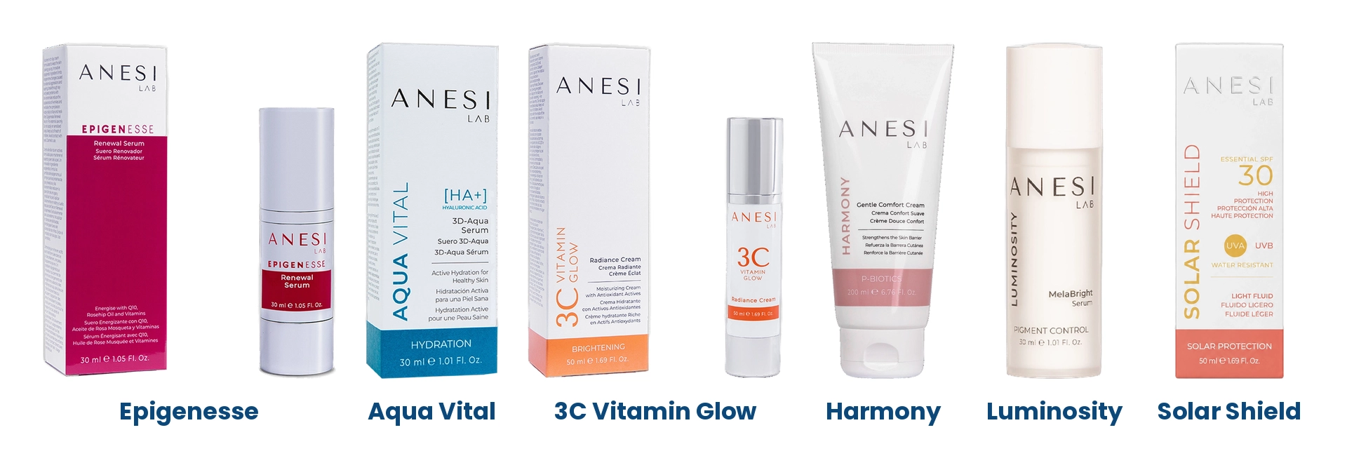 ANESI LAB five-step routine: cleanse with Mousse Radiance, tone with 3D-Aqua Toner, treat with 3D Serum, moisturise with Ultra Hydrating Cream, protect with Solar Shield SPF30