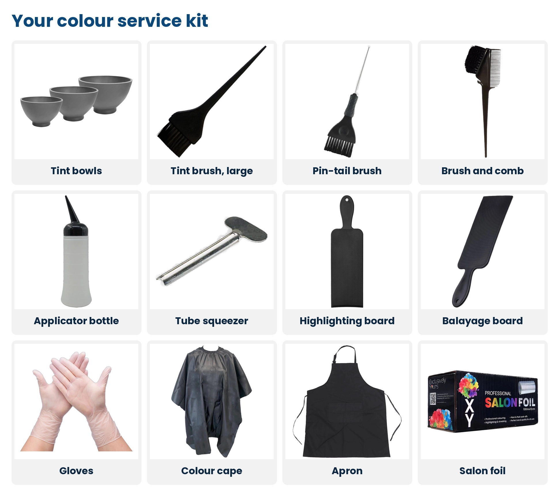 Colour service kit: tint bowls, tint brushes, pin-tail brush, brush and comb, applicator bottle, tube squeezer, highlighting and balayage boards, gloves, colour cape, apron and salon foil