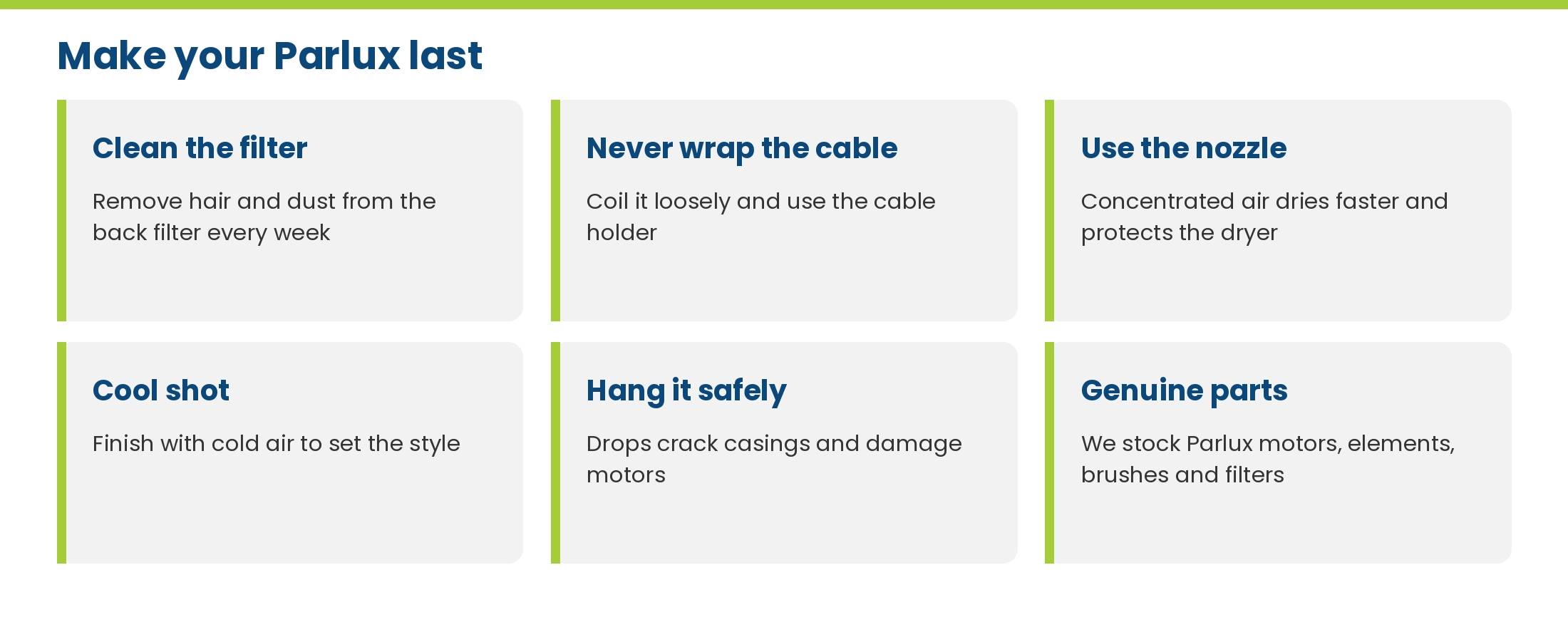 How to make a Parlux hairdryer last: clean the filter, never wrap the cable, use the nozzle, finish with the cool shot, hang it safely, use genuine parts